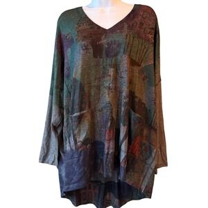 Inoah Wearable Art Tunic Top Oversized Graphic Print V-Neck Made USA One Size